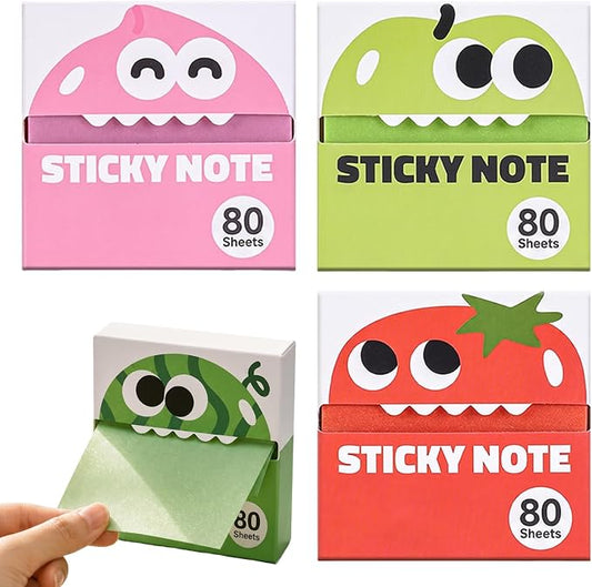 Cute Fruit Monster Pop Up Sticky Notes, Transparent Sticky Notes，3 Box-A | Reusable Office Stationery with Strong Adhesion, No Residue, 50 Reuses Per Sheet, Fun Desk Essential for Office & Study