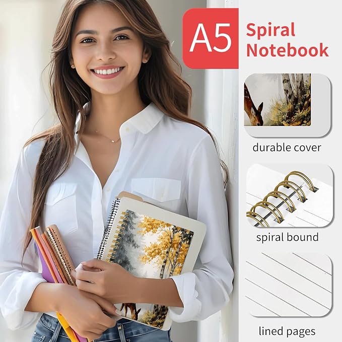 KZYVFNPQ Spiral Journal Notebook for Women Men, A5 Cute Hardcover Lined Notebook with Strong Binding,College Ruled Notebook for Office Work Writing(Autumn Forest Deer Trees Misty Landscape)