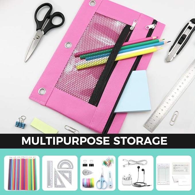 3 Ring Pencil Pouch for Binder, 2-Pocket Zipper Pencil Case with Clear Window & Mesh Pocket, Heavy Duty 600D Oxford Fabric Binder Pouch for School Office Supplies, Fits Standard 3-Ring Binders, Pink