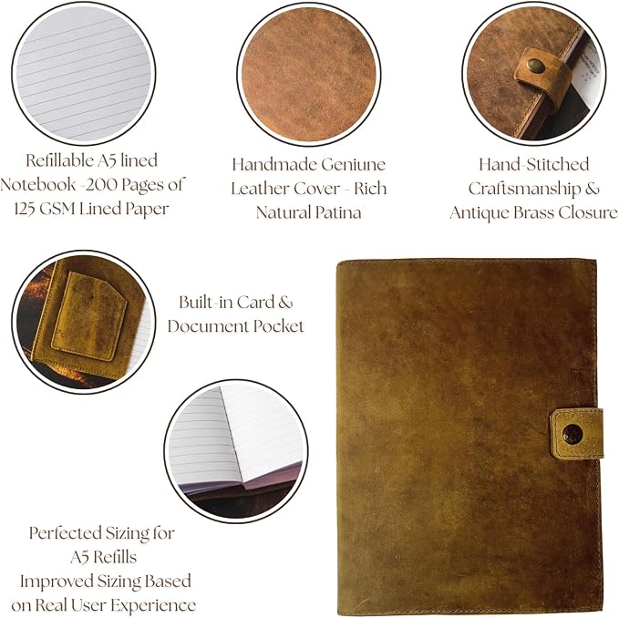 Modest Goods Refillable Leather Journal | Premium Lined A5 Notebook Cover | 200 Ruled Writing Pages | Card Holder Slot | Leather Bound Journals for Men & Women, Best Gift Travel Diary, Cool Planner