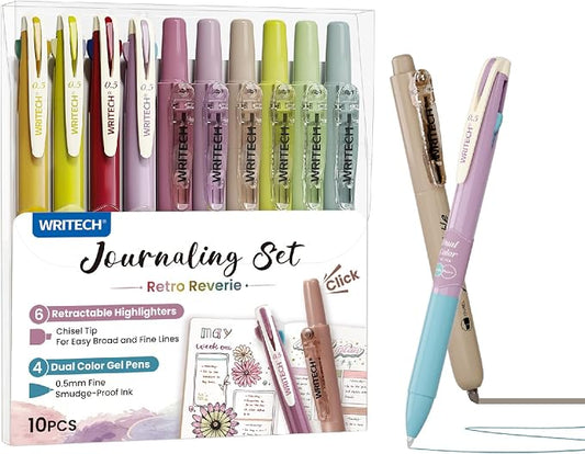 WRITECH Gel Pens Journaling Highlighters: Journal Set Aesthetic Assorted Vintage Color Ink 0.5mm Fine Point Retractable 2 in 1 Pen Smooth Writing Drawing 10ct