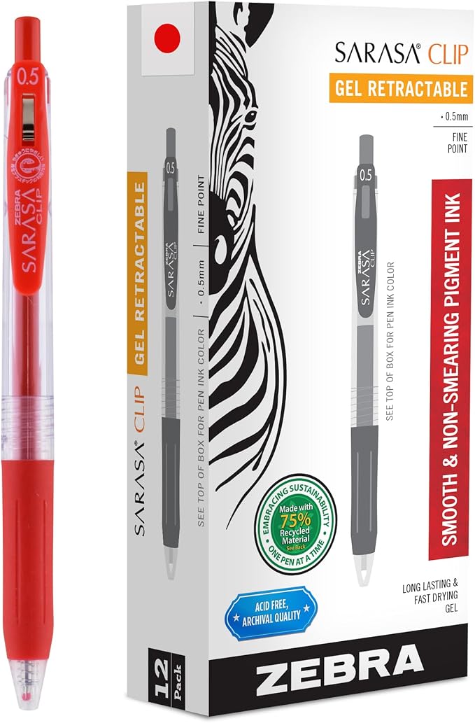 Zebra Pen SARASA Clip Retractable Gel Pen, Red Ink, 0.5mm, 12-Pack | Fine Point Tip, Water Based Ink, 75% Recycled Materials, Ideal for Journaling, Planners, School and Office Supplies (47330)