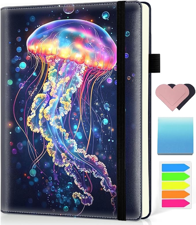 Hardcover Executive Notebooks, A5 PU Leather Lined Journal Notebook, 200 Pages Thick Paper Subject Notebooks for School,Work,Home Writing Business Notebook, Diary Book ，Colorful Jellyfish