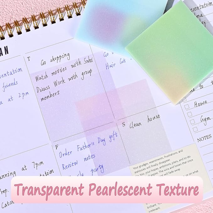 BAYTORY Glitter Transparent Sticky Notes, 200 Sheets 3 x 3 Clear Memo Pads | Multicolor Gradient Waterproof Self-Stick Note, See Through Aesthetic Self-Adhesive Note for Bible Accessories