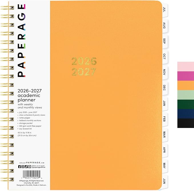 PAPERAGE Academic Planner, Weekly & Monthly Planner & Calendar, 12-Months, July 2026 - June 2027, (9.5" x 11"), School & Student Planning Agenda with Tabs, Bonus Pages & Inner Pocket, Marigold