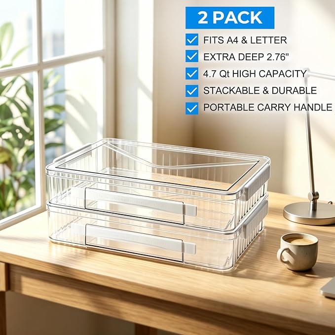 2 Pack Board Game Storage Box,Clear Stackable Craft Organizer | Clear PET with lid & side latches,Fits Letter & A4 papers,Flat cases for art,sewing supplies and documents organization