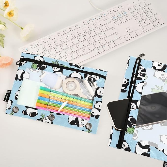ALAZA Pencil Pouch for 3 Ring Binder, Panda Bamboo Cute Binder Pencil Pouches with Clear Window Zipper Pencil Case Cosmetic Bags for Office College Supplies, 2PCS