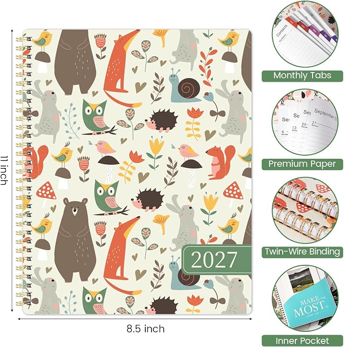 2027 Planner - 2027 Planner Weekly and Monthly, 2027 Calendar Planner | Colorful Tabs, Twin-wire Binding, Premium Paper, Back Pocket, Jan. 2027 - Dec. 2027, 11" x 9" - Cartoon Animal