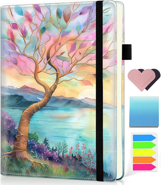 Hardcover Executive Notebooks, A5 PU Leather Lined Journal Notebook, 200 Pages Thick Paper Subject Notebooks for School,Work,Home Writing Business Notebook, Diary Book ，Watercolor Flower Tree