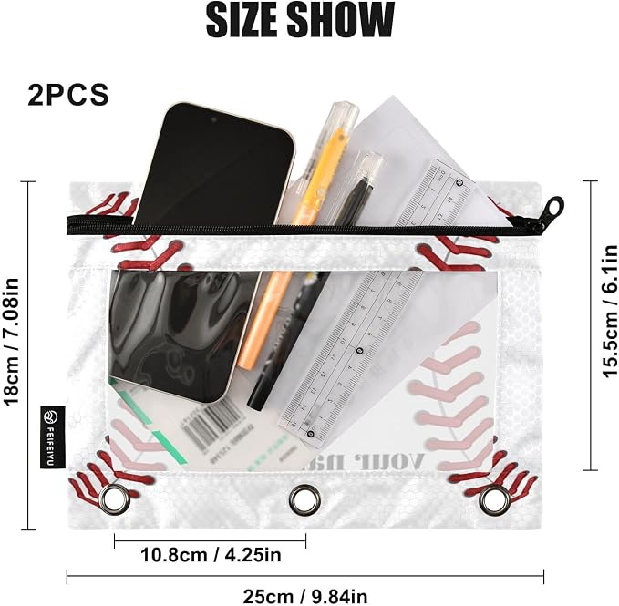 Sport Baseball Customized Pencil Pouch Fits standard 3-ring binders, Zipper Binder Pencil Bag with Clear Window for Office 2 Pack