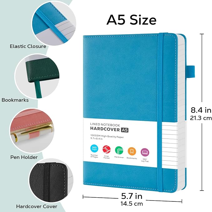 FOCUS DAY 2 Pack Lined Notebook Journals for Women/Men Work, A5 Leather Journal Notebook with Pen Loop, 100Gsm Premium Thick Paper, Inner Pocket, Medium 5.7"x8.4", Blue & Black