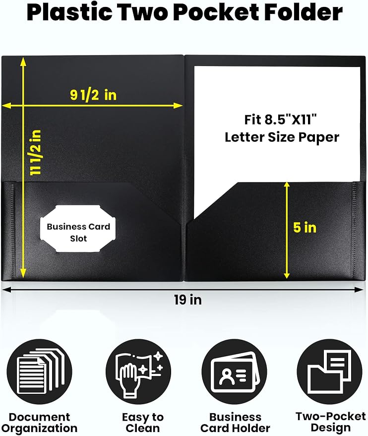 SUNEE 2 Pocket Folders (6 Pack, Black) Heavy Duty Plastic Folders with Pockets Fit Letter-Size Papers, Two-Pocket Poly Folder Bulk for School, College, Office