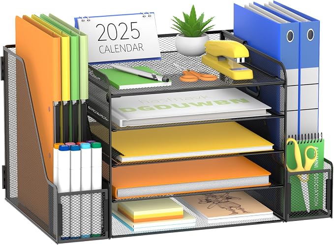 5-Tier Desk Organizer with Paper Trays, File Holders and Pen Holders, Black | Paper Organizer for Desk with 4 Sliding Paper Trays, Side File Holders and Pen Holders for Files, Books and Supplies
