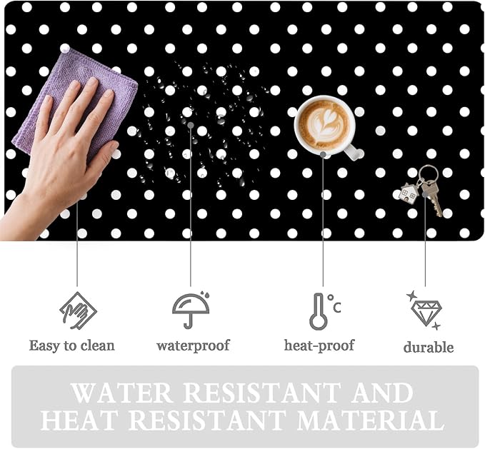 White Polka Dot Leather Desk Mat Extended Gaming Mouse Pad | Non-slip Large Writing Pad Laptop Blotter Computer Keyboard Mat | Cute Black Desk Protector for Home Office 27.6" x 13.8"