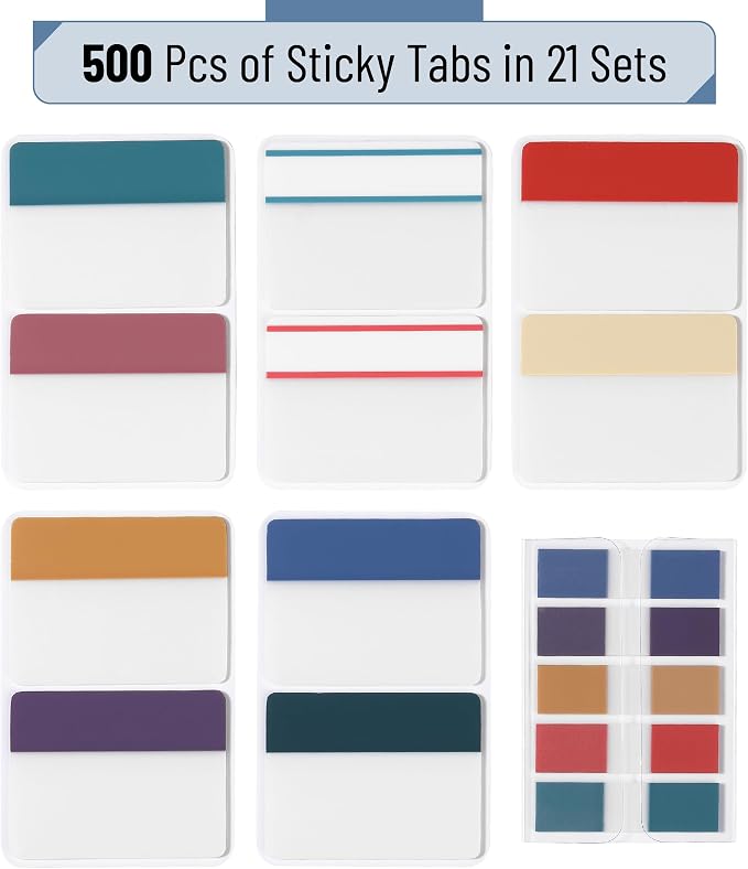 Mr. Pen- Sticky Index Tabs, 500 Pcs, 21 Sets, Colorful | Writable Colored Pages Markers Labels for Reading Notes, Books, Binders, Notebook, Folders and Classify Files
