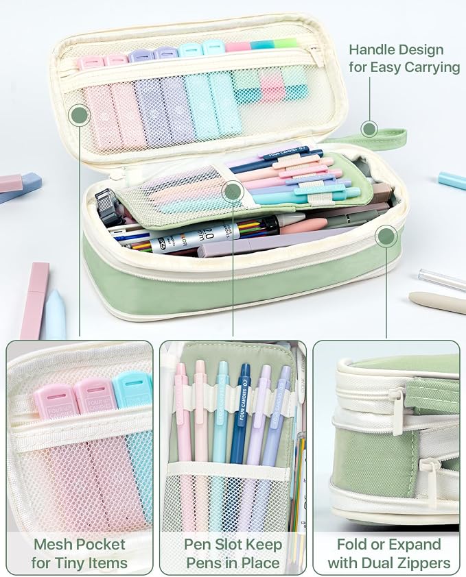 Four Candies 56 PCS School Supplies with Pencil Case, 6 Multicolor Pens, 12 Pastel Highlighters, 5 Gel Pens, 9 Mechanical Pencils for Student Back to School Stationery Set College Essentials (Green)