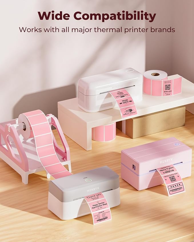 MUNBYN 2.25x1.25 Thermal Labels, 1000 Sheets/Roll, Pink | Strong Adhesive, Non BPA&BPS for Small Business, Shipping,Mailing, Bakery, Price Tag