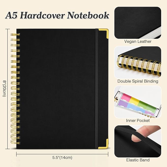 Spiral Notebook, 300 Numbered Pages Notebooks College Ruled with Contens | 100GSM Thick Journal for Women Men, Hardcover Leather Lined Journal for Writing, Large A5 Notebooks for Work School, 6" x 8"