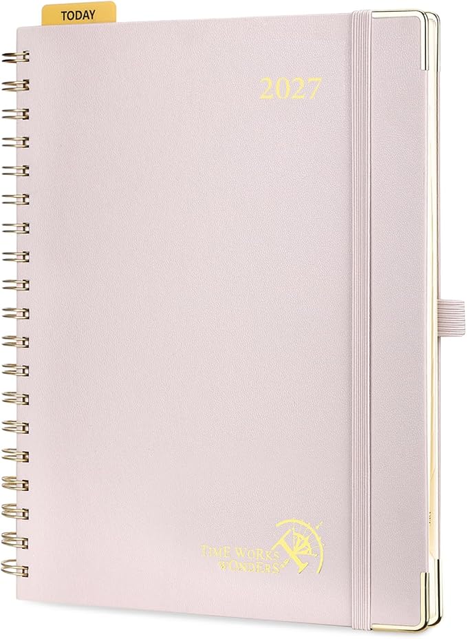 POPRUN 2027 Planner Daily Weekly and Monthly Calendar with Hourly Schedule, Monthly Tabs(Large Size 10'' x 8'' Wire-Bound Hard Cover) - Agenda 2027 (Jan.2027-Dec.2027) - Light Pink