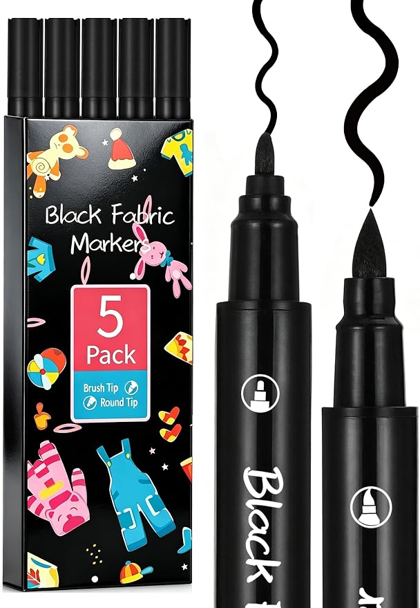5pcs Fabric Markers Permanent Paint Pens for White Clothes, Bleed Proof, Water Resistant, No Fade, Quick Dry Professional Dual Tip Pens DIY for Canvas, Cover Stains, Clothing, Black