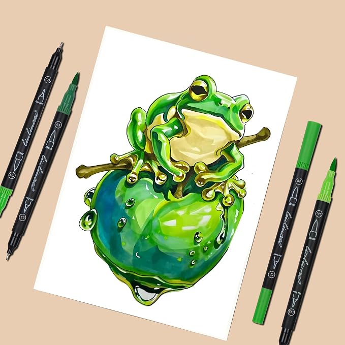 LIULIUCAI 10 Green Dual Markers, Fine & Brush Tip Pen for Adult Coloring | Lush Green Markers, Colored Pens for Landscapes, Leaves, Nature Journals, Botanical Art, Drawing Illustration Lettering
