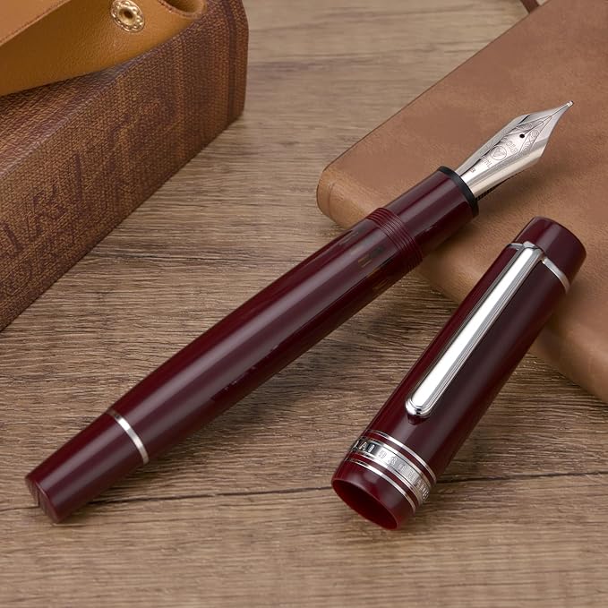 Wikult Yongsheng Junlai 930 Acrylic Fountain Pen, Size 9 Fine Nib with Piston Filling System, Wine Red Fence Ink Tank with Flat Top Design Smooth Writing Pen (Silver Trim)