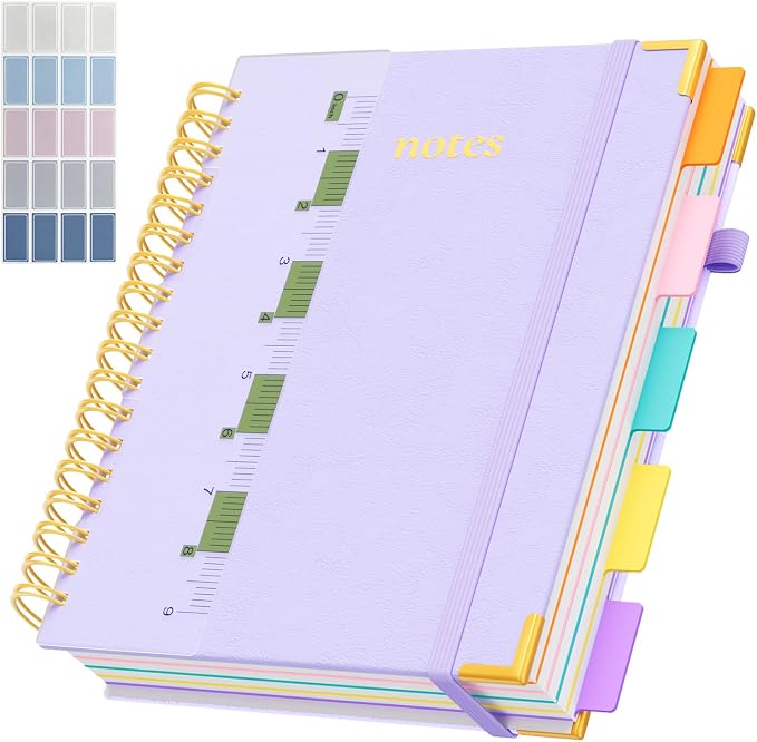 Line Hardcover Spiral Notebook with Removable Dividers Tabs & Ruler, 5 Subject Notebook College Ruled, 300 Page, Large 8"x10" B5 Notebooks for Work School, Lined Journal for Women & Men, Light Purple