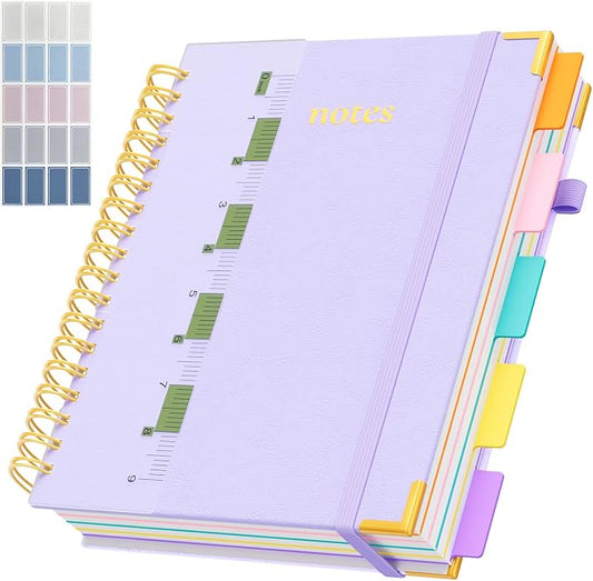 Line Hardcover Spiral Notebook with Removable Dividers Tabs & Ruler, 5 Subject Notebook College Ruled, 300 Page, Large 8"x10" B5 Notebooks for Work School, Lined Journal for Women & Men, Light Purple