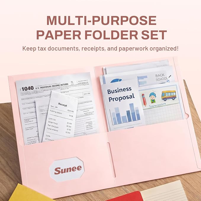 SUNEE Two Pocket Folders, 25 Pack File Folders with Business Card Slot, Textured Paper, Fit Letter Size Paper, Paper File Folder for School Office Home Business, Pink