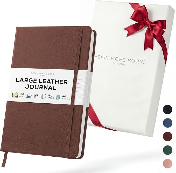 BEECHMORE BOOKS Large Lined Journal Notebook, 8.5" x 11.5" (A4) Hardcover Vegan Leather Executive Diary for Work, Thick 120gsm Paper, Lay-Flat Binding, Gift Box