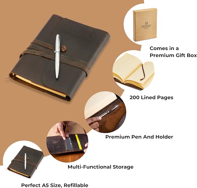 Premium Leather Journal for Men Women - Refillable Leather Notebook Cover with Pen - Leather Bound Notebook Lined Paper A5, Travel Journal - Ideal for Writing, Journals, and Notebooks