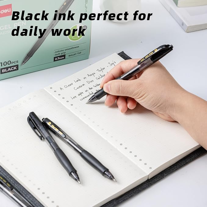 deli Pens Bulk, 100 Pcs Retractable Gel Pens Medium Point 0.7mm, Smooth Writing with Fast Dry Black Ink, No Bleed, Comfort Grip & Pocket Clip for School, Office, Home Supplies