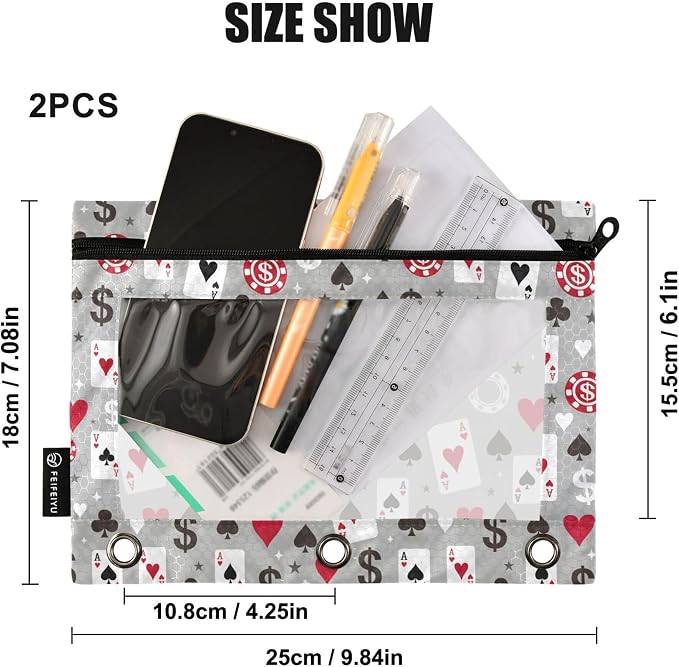 Play Chess White Black Binder Pouches 3 Ring for Boys Girls School Office College Supplies Chessboard Queen Knight Pencil Pouches Case Bag with Clear Window and Zipper 2 Pack