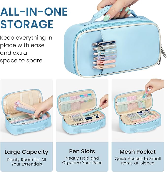 Cute Pencil Case With Supplies, 39 PCS Aesthetic Stationery Set with Pencil Pouch, 6 Black Ink Gel Pens, 12 Pastel Highlighters, 5 #2 HB Pencils, 4 Mechanical Pencils, Back to School Supplies - Blue