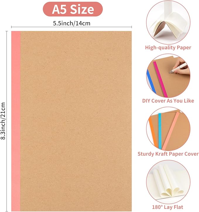 60 Pack Blank Notebook Journals Bulk, A5 Unlined Paper Composition Notebook, 8.3”x 5.5”, Kraft Cover with Rainbow Spines, 15 Colors 60 Pages for School Office Travel