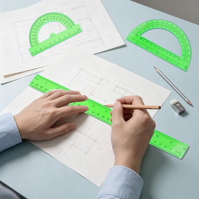 Plastic Clear Ruler Math Set - 6'' 12'' Transparent Straight Ruler, 4'' 6'' Protractor, 30/60 & 45/90 Triangle Ruler, Geometry Math Measuring Tool for School Home Office Drawing Teachers Kids Green