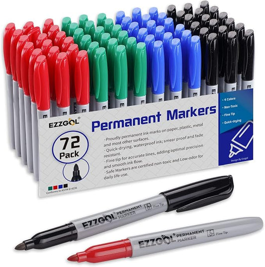 Ezzgol Permanent Markers Bulk, Permanent Marker Bulk Pack of 72, 4 Assorted Colors, Fine Point Permanent Markers For Adult Coloring as Office, School Supplies