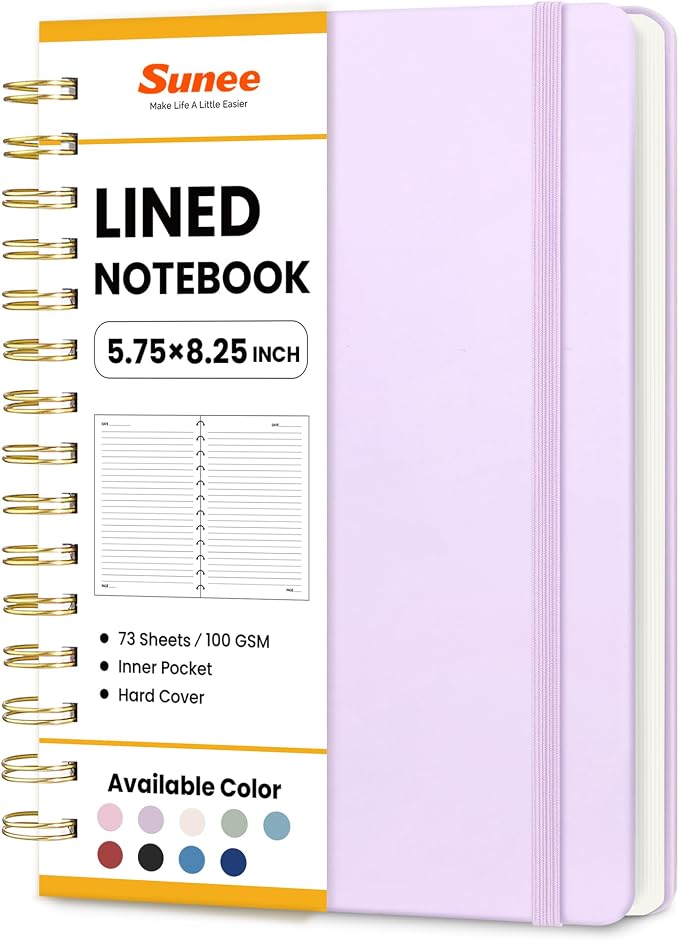 SUNEE Lined Spiral Journal Notebook for Women, 146 Pages College Ruled Hardcover Journaling Notebook for Work, Note Taking and Office School Supplies, A5 - Purple