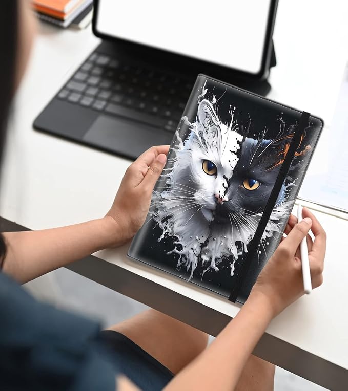 A5 Leather Lined Journal Notebook, 200 Pages Hardcover Executive Notebook for Men Women Office School Note Taking, Thick Writing Paper Daily Journal with Bookmarks/Indexes, Black and White Cat