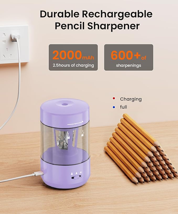 Electric Pencil Sharpener for Classroom, Fully Automatic Pencil Sharpener for 6-8mm Pencils & Colored Pencils, Auto in & Out, Type-C Rechargeable Pencil Sharpeners for Home, School, Purple