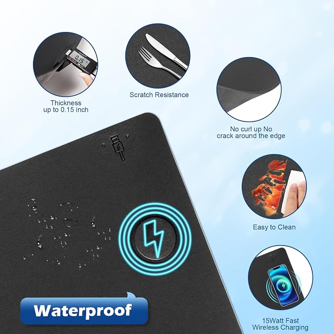 Wireless Charging Desk Mat, Mouse Pad,Black-R, 32 * 16inch | Desk Pad for Desktop Charging, Large Mouse Pad, Waterproof Leather Computer Mat, Non-Slip Protector, For Keyboard and Mouse