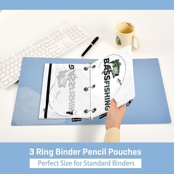 Gredecor Binder Pencil Pouch 3 Ring Largemouth Bass Fishing Zipper Pencil Pouches Case 2 Pack Clear Binder Organizer for School Office