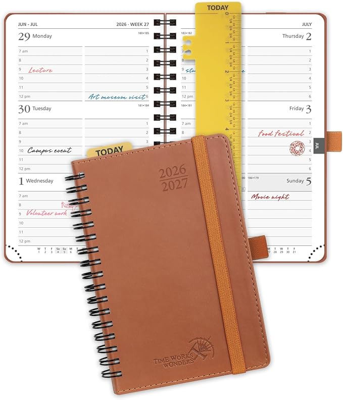 POPRUN Pocket Planner 2026-2027 (Size 4''x6.25'') Academic Pocket Calendar | Weekly Planner, Small Calendar Book(July 2026 - June 2027) with Hourly Time Slots, Spiral Leather Cover - Brown