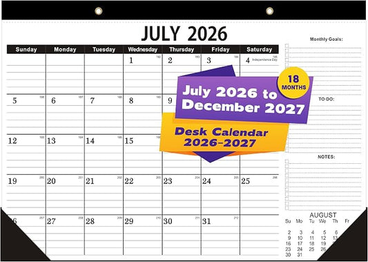 Versatile Desk Calendar 2026-2027 - 18 Month Wall & Desktop Planner (July 2026 - Dec 2027), 17" x 12" Large Monthly Pad, 170um Protective Film & 300g Cardboard for Efficient Workspace
