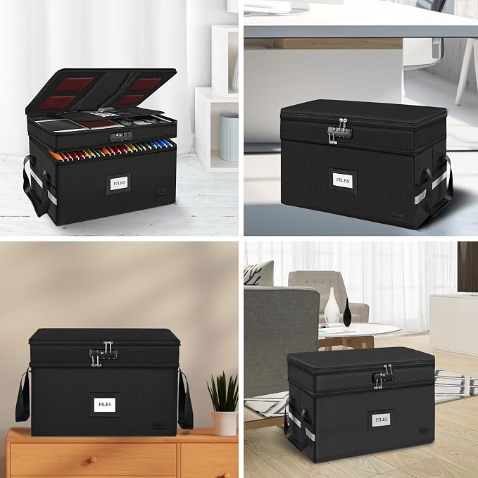 Large Fireproof Document Box with Lock, 2 Layer File Storage Organizer Box | Portable Office Collapsible File Storage with Reflective Strip & Handle for Hanging Letters, Legal Size Folder, Certificate