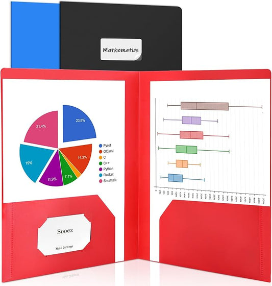 Sooez 3 Pack 2-Pocket Folders with Labels, Heavy Duty Plastic with Business Card Slot, Letter Size Poly File for Documents, Colored School