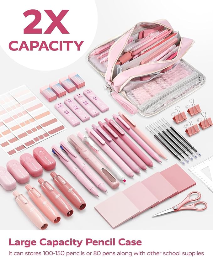 Four Candies Pink Pencil Case 3 Compartment, Large Pencil Pouch with Removable Handle & Zipper, Cute Stationery Organizer Big Pencil Case for Markers, Pencil Bag for Office College, Pink