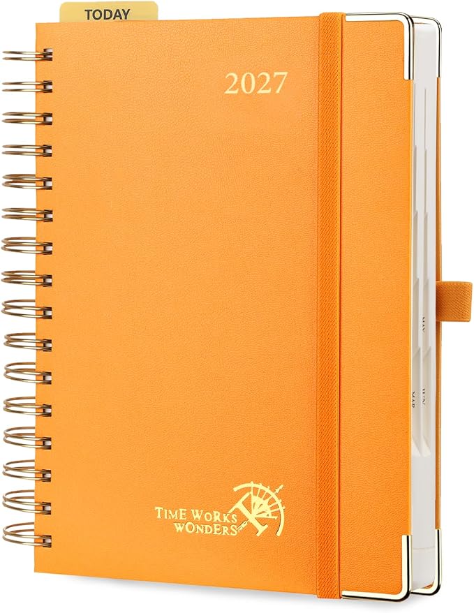 POPRUN 2027 Daily Planner One Page Per Day, 5.75" x 8.5", Calendar Book from Jan 2027 - Dec 2027, Hardcover Appointment Book with Hourly Time Slots, Spiral Bound, Monthly Tabs - Orange