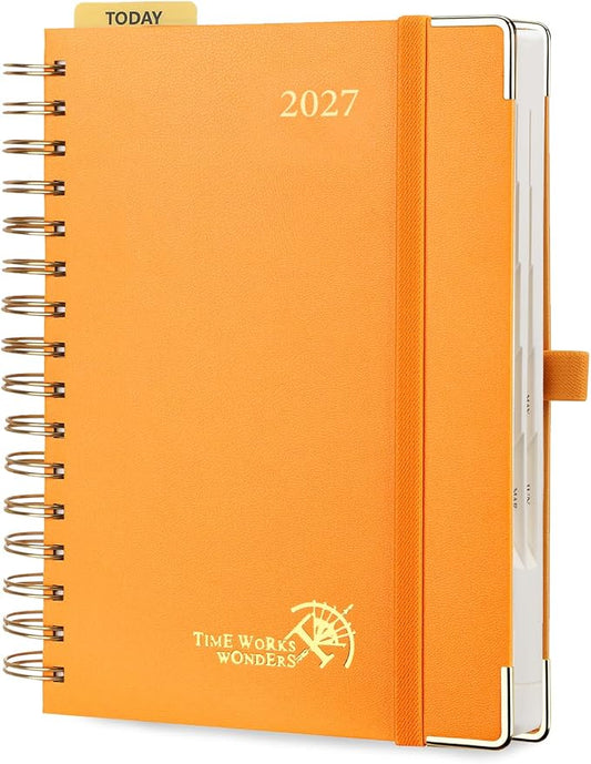 POPRUN 2027 Daily Planner One Page Per Day, 5.75" x 8.5", Calendar Book from Jan 2027 - Dec 2027, Hardcover Appointment Book with Hourly Time Slots, Spiral Bound, Monthly Tabs - Orange