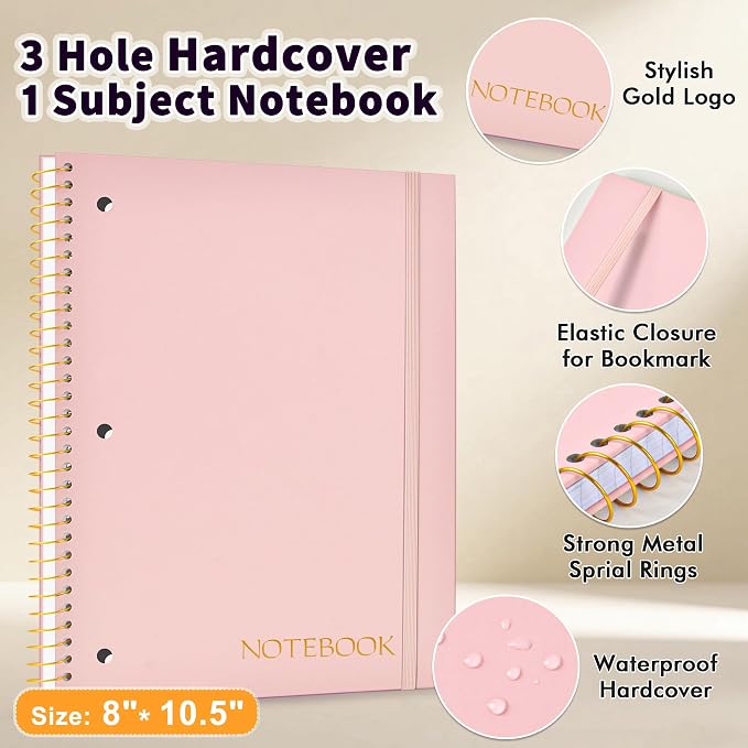 MUAHLIUB Spiral Notebook College Ruled Paper 8" x 10-1/2", 1 Subject Spiral Notebook, 3-Hole Punched Perforated Pages Ideal for School, Office, Writing, 95 Sheets Lined Journaling Notebook, Pink
